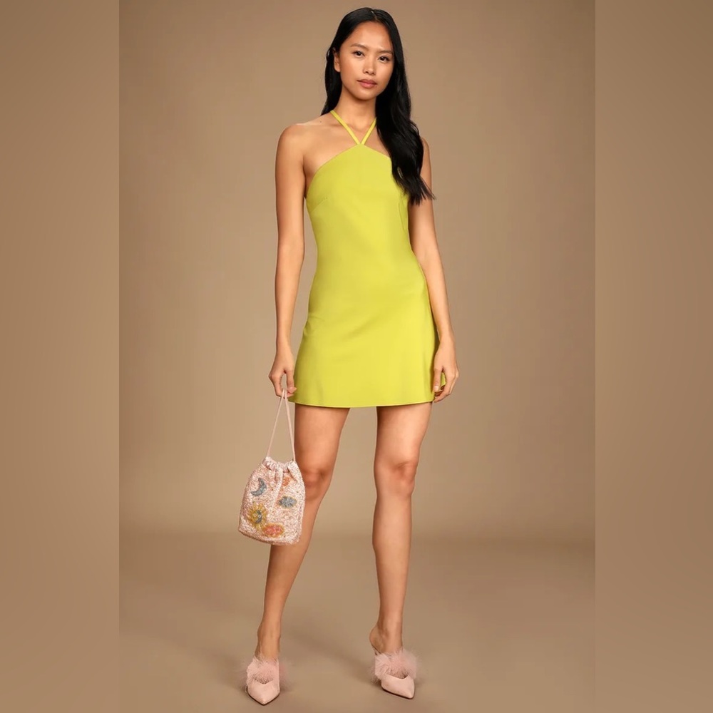 Lulus Rooftop Party Chartreuse Satin Halter Mini Dress